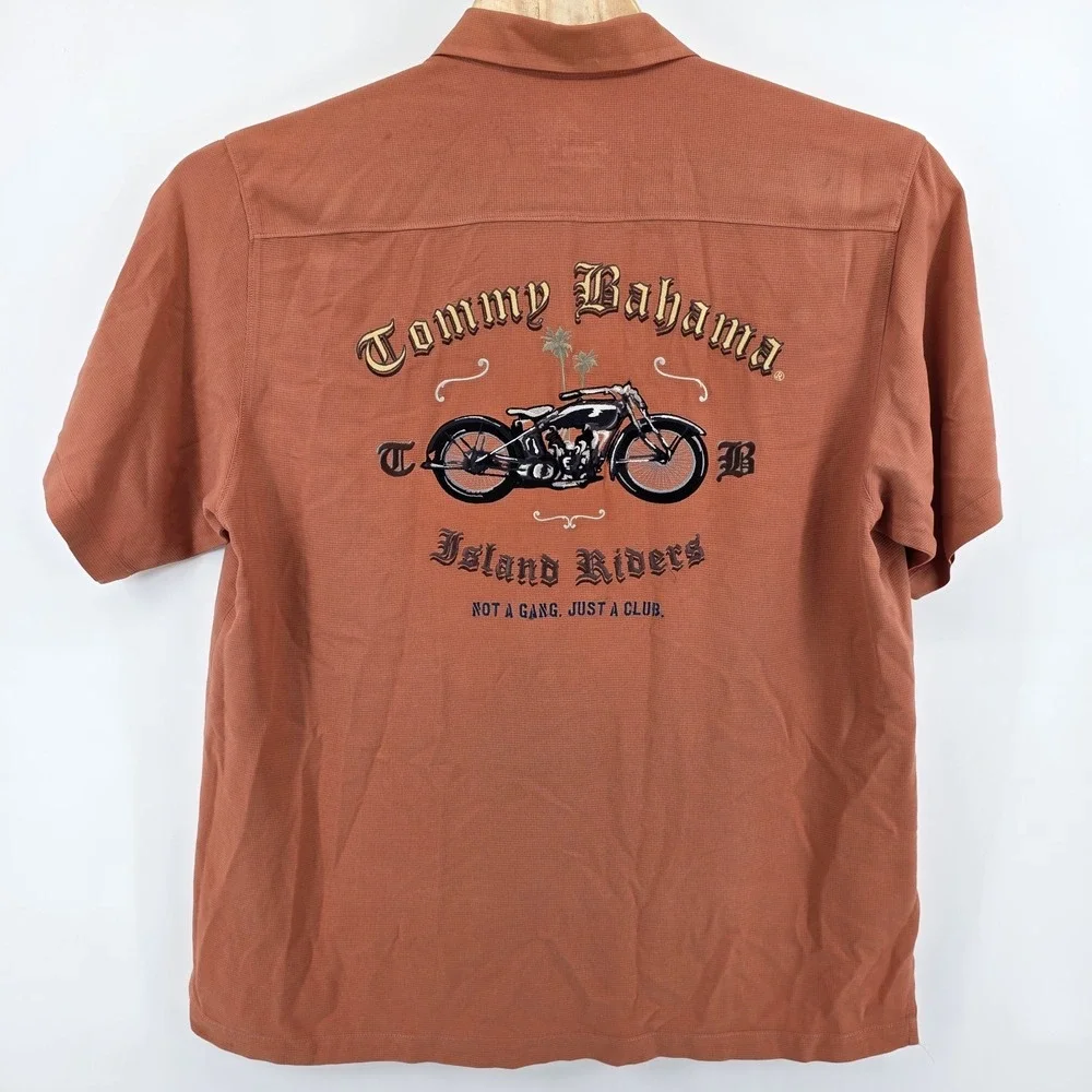 Tommy Bahama Embroidered Island Riders Not A Gang Size XL Silk Orange Button Up